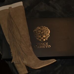 NIB Vince Camuto Taupe Suede Fringe Heeled Boots